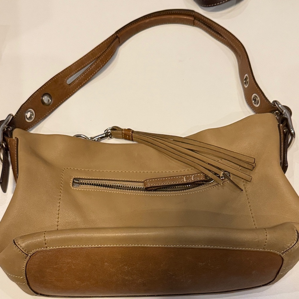 Coach Tan Leather Shoulder Bag with Tassel